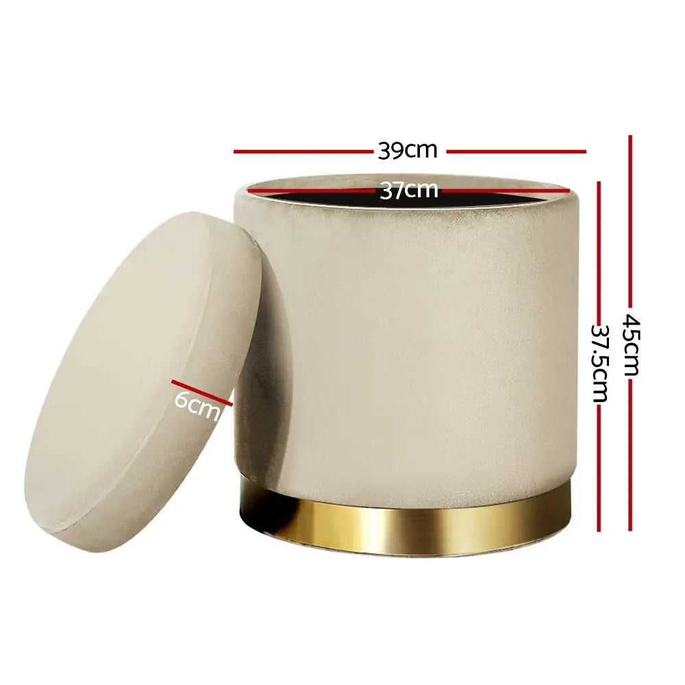 Artiss Ottoman Storage Foot Stool Round Velvet Cream - Furniture > Living Room