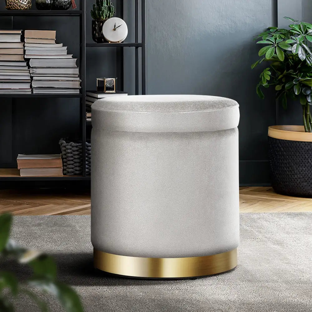 Artiss Ottoman Storage Foot Stool Round Velvet Grey - Furniture > Living Room