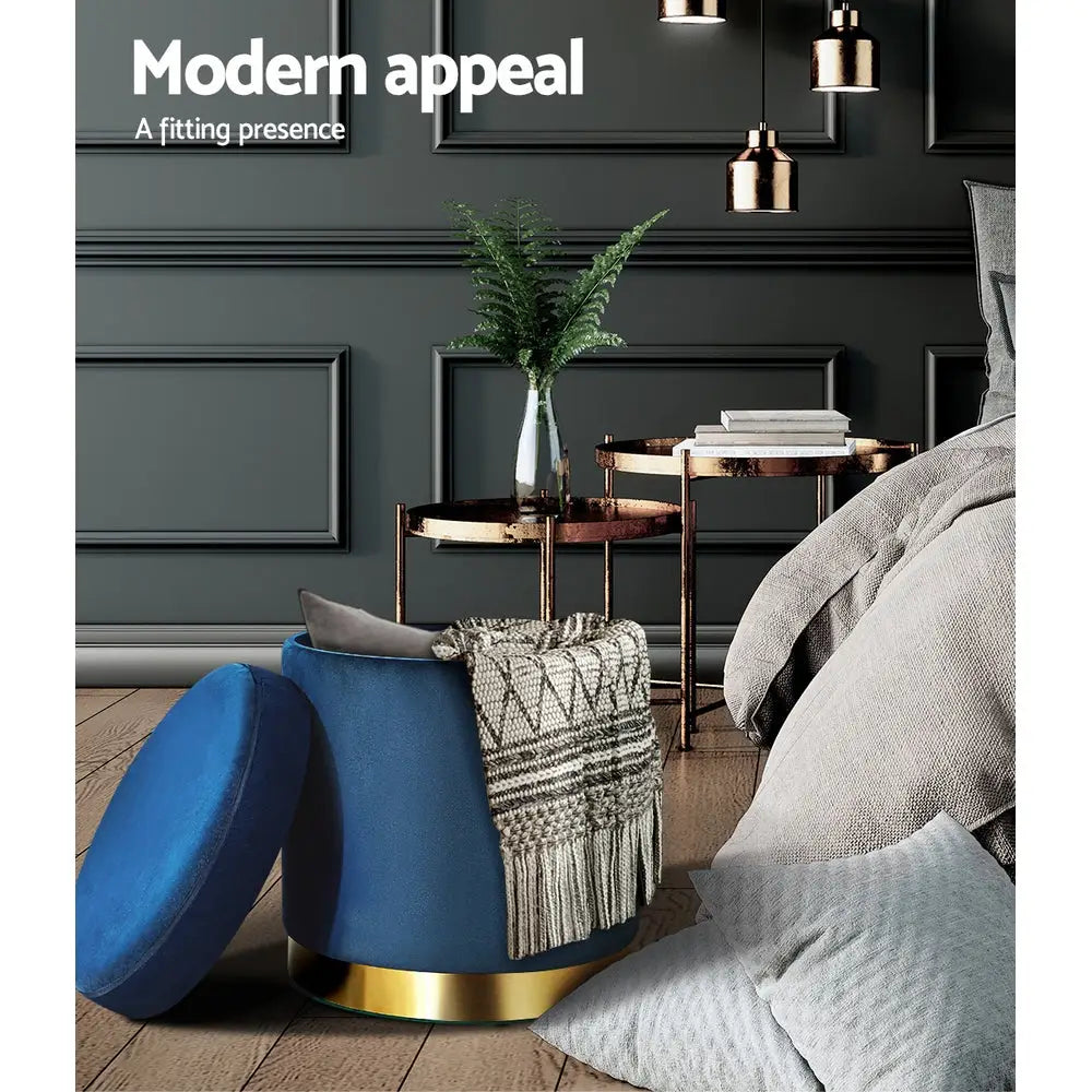 Artiss Ottoman Storage Foot Stool Round Velvet Navy - Furniture > Living Room