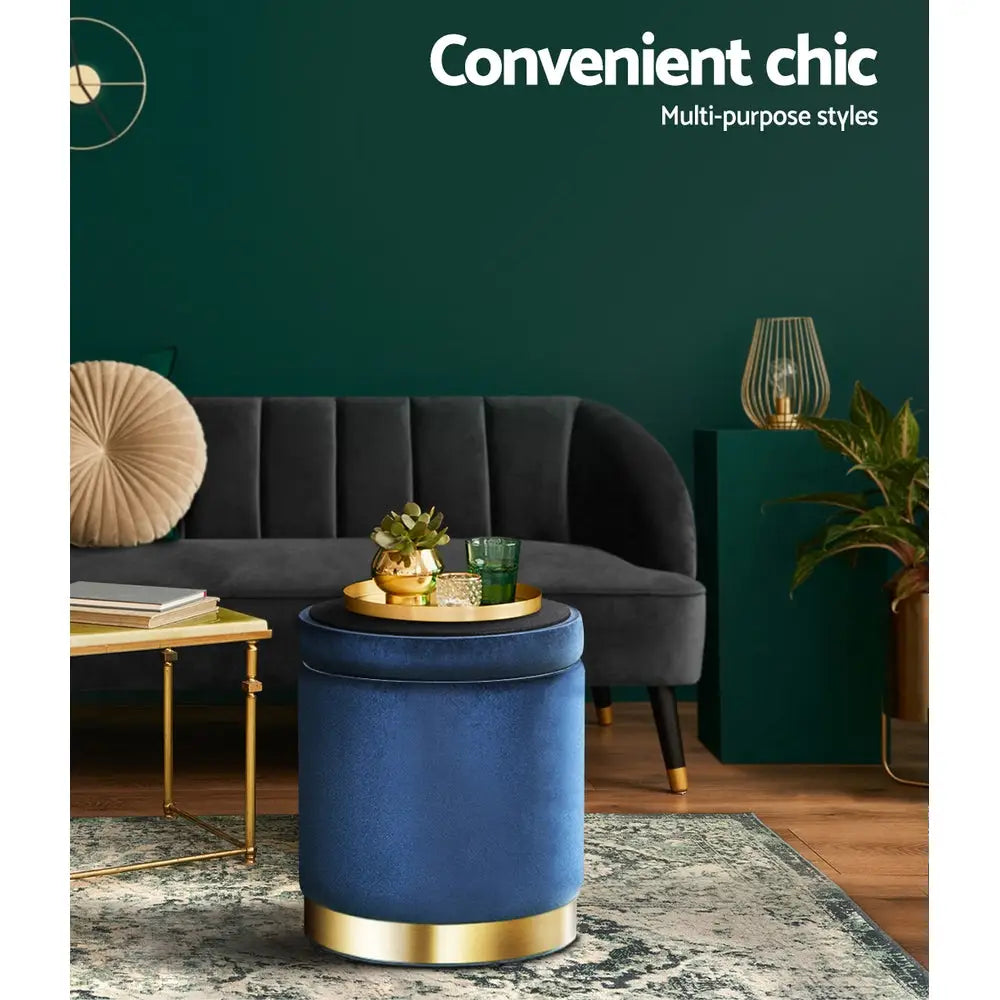 Artiss Ottoman Storage Foot Stool Round Velvet Navy - Furniture > Living Room