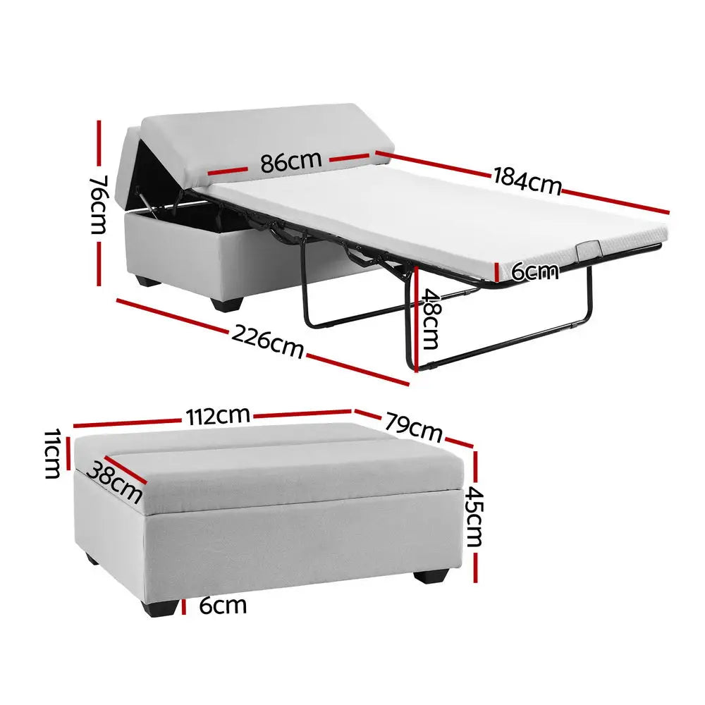 Artiss Ottoman Storage Sofa Bed 112cm Foldable Grey - Furniture > Sofas > Sofas & Sofa Beds