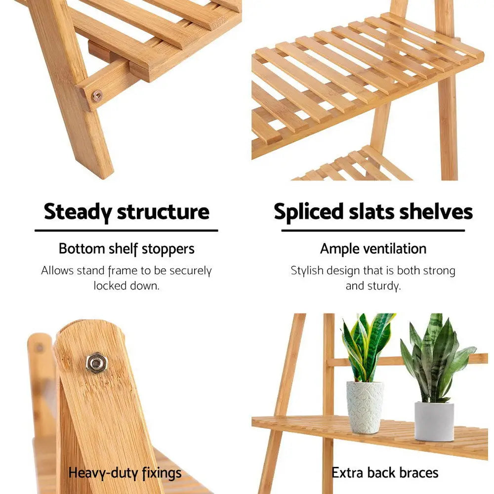Artiss Plant Stand 4 Tier Bamboo Slat Flower Pot Shelf Pine - Furniture > Outdoor