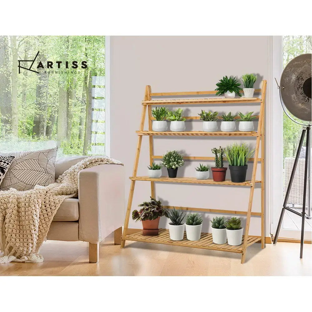 Artiss Plant Stand 4 Tier Bamboo Slat Flower Pot Shelf Pine - Furniture > Outdoor