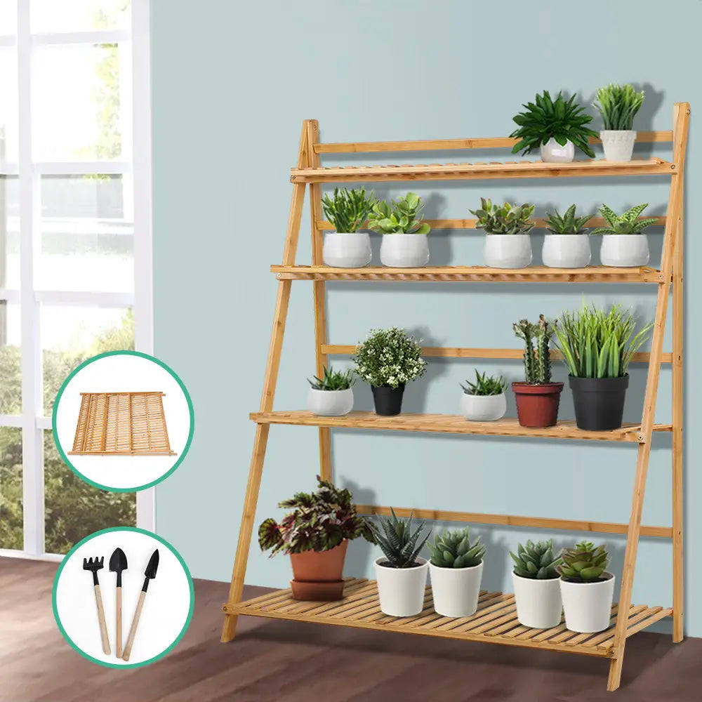 Artiss Plant Stand 4 Tier Bamboo Slat Flower Pot Shelf Pine - Furniture > Outdoor