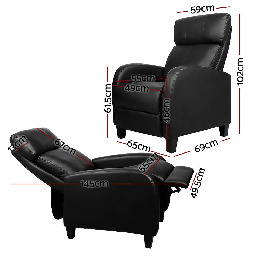 Artiss PU Leather Reclining Armchair - Black - Furniture > Living Room