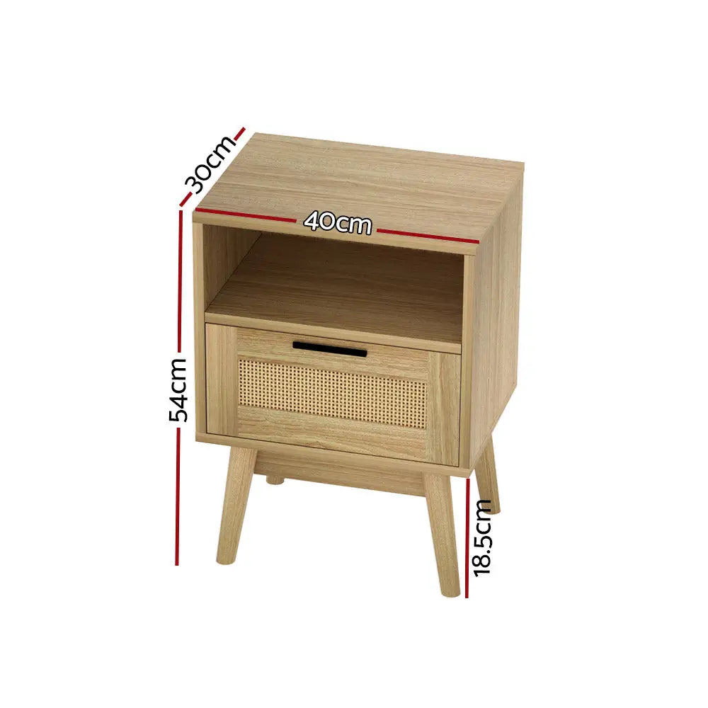 Artiss Rattan Bedside Table 1 Drawer with Shelf - REI Oak - Furniture > Bedroom