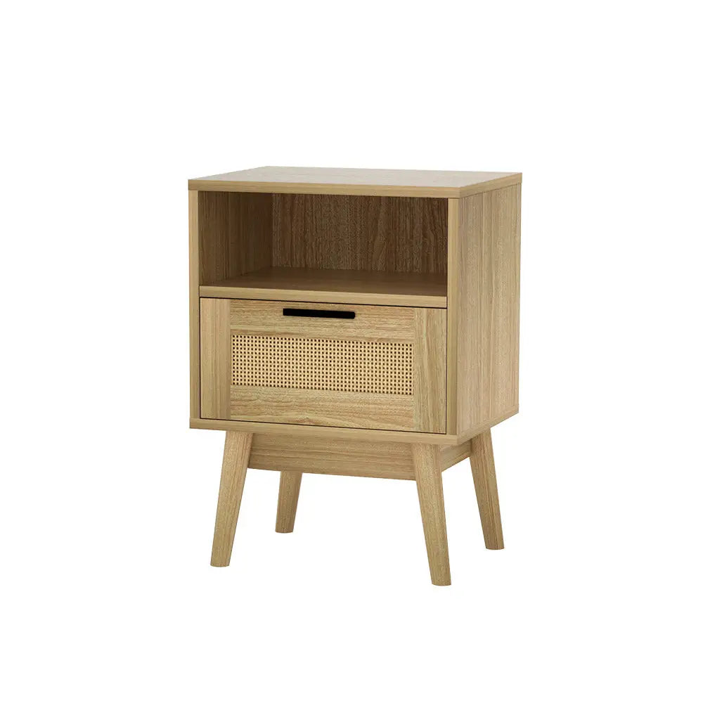 Artiss Rattan Bedside Table 1 Drawer with Shelf - REI Oak - Furniture > Bedroom