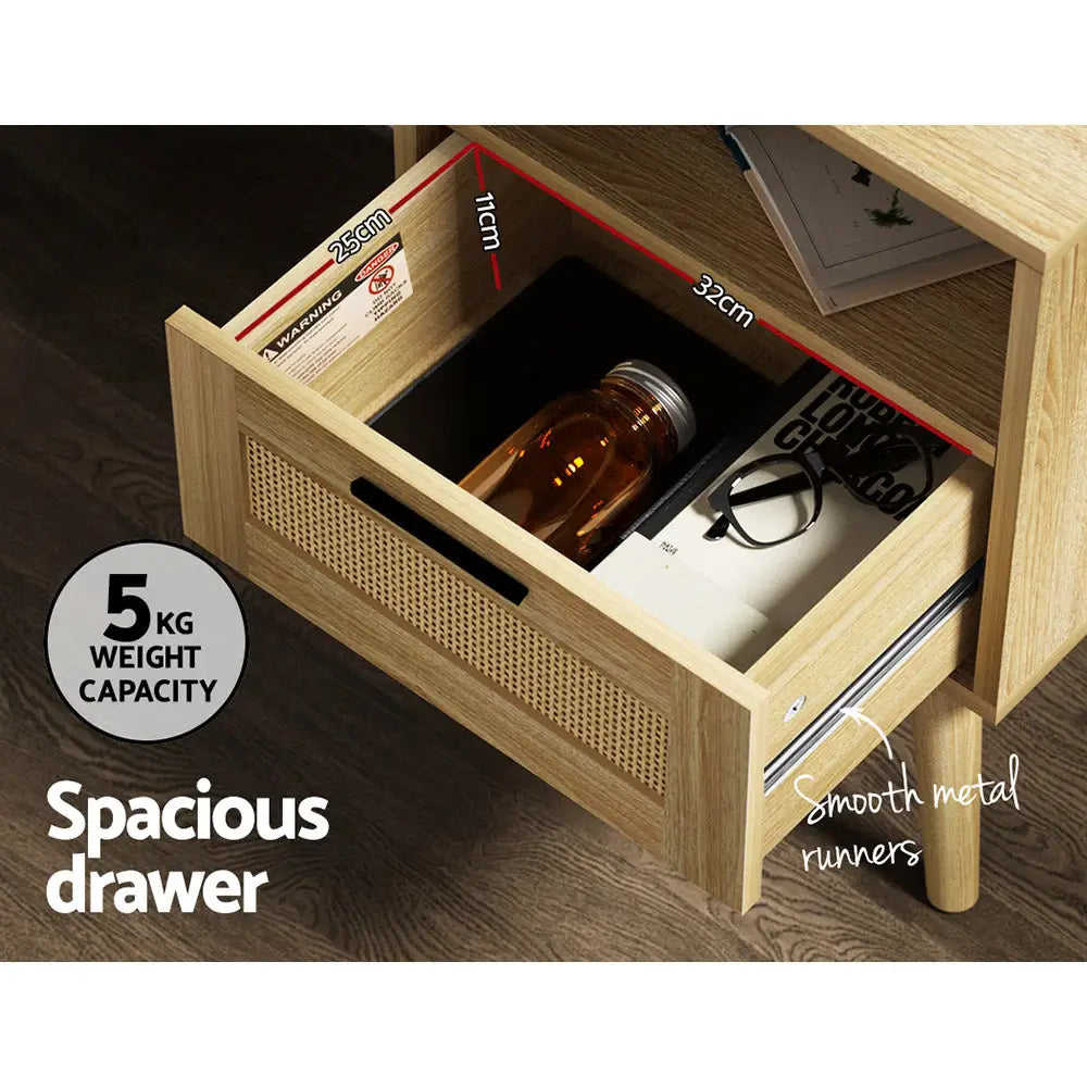 Artiss Rattan Bedside Table 1 Drawer with Shelf - REI Oak - Furniture > Bedroom