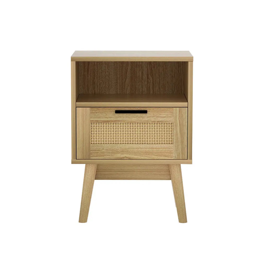 Artiss Rattan Bedside Table 1 Drawer with Shelf - REI Oak - Furniture > Bedroom