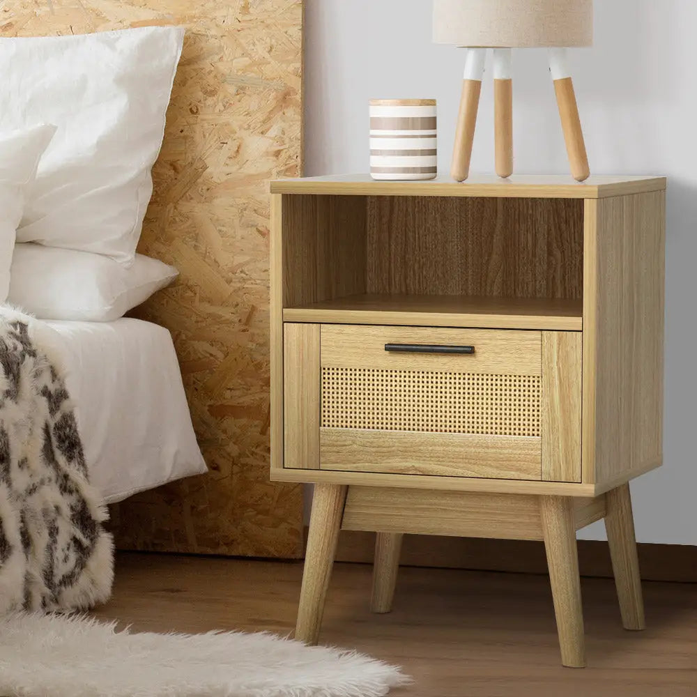 Artiss Rattan Bedside Table 1 Drawer with Shelf - REI Oak - Furniture > Bedroom