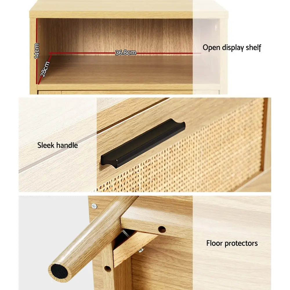 Artiss Rattan Bedside Table 1 Drawer with Shelf - REI Oak - Furniture > Bedroom