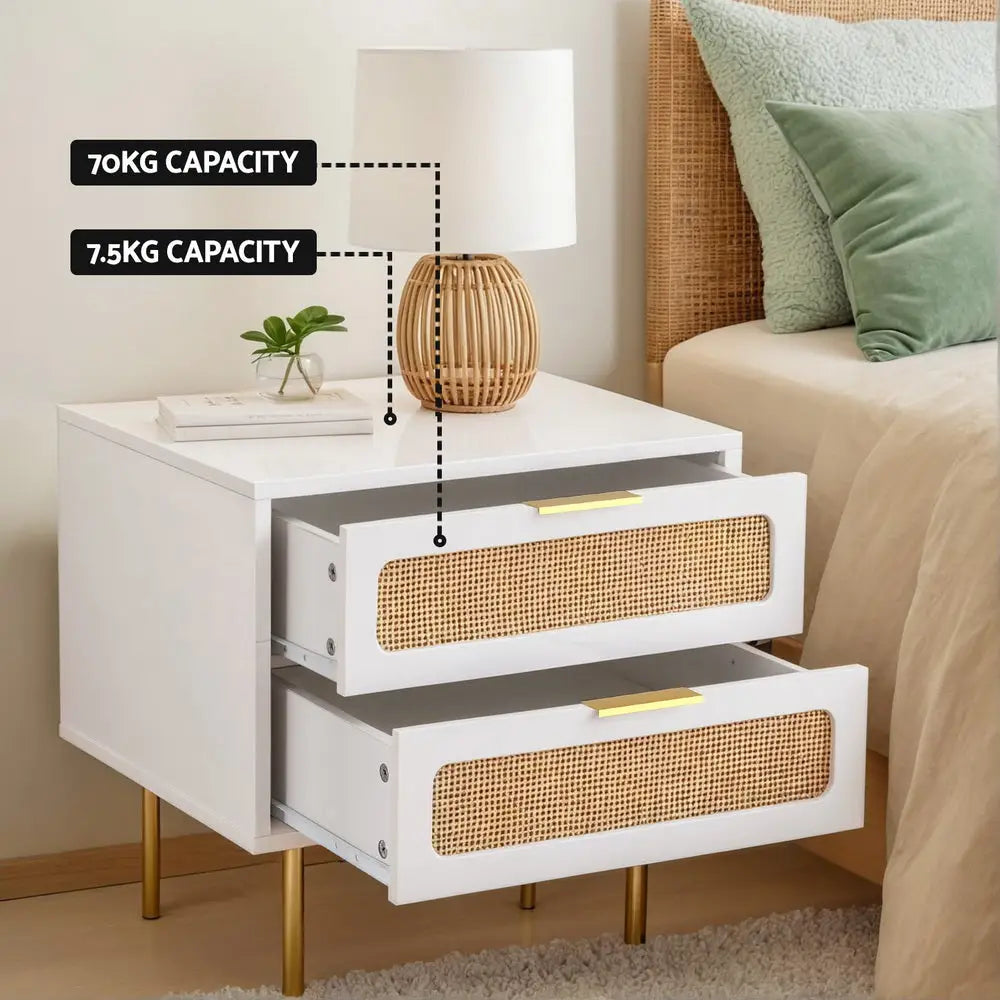 Artiss Rattan Bedside Table 2 Drawers Pine - Furniture > Bedroom > Bedside Tables