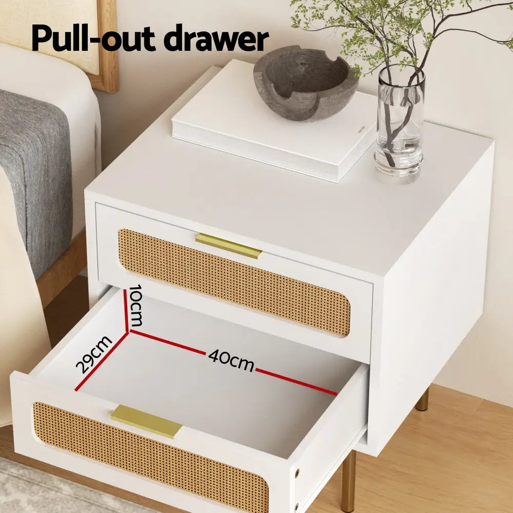 Artiss Rattan Bedside Table 2 Drawers Pine - Furniture > Bedroom > Bedside Tables