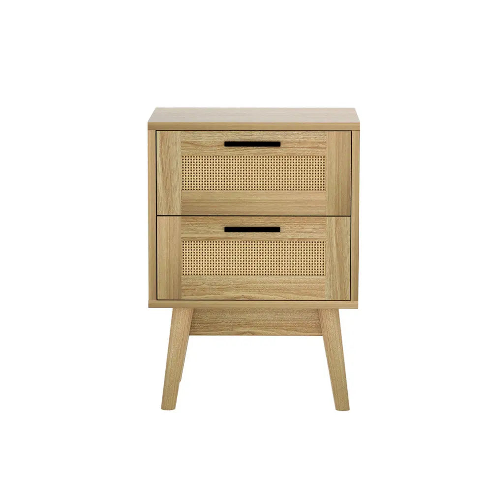 Artiss Rattan Bedside Table 2 Drawers Wood - RIE Oak - Furniture > Bedroom