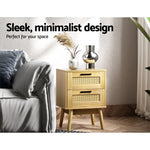 Artiss Rattan Bedside Table 2 Drawers Wood - RIE Oak - Furniture > Bedroom
