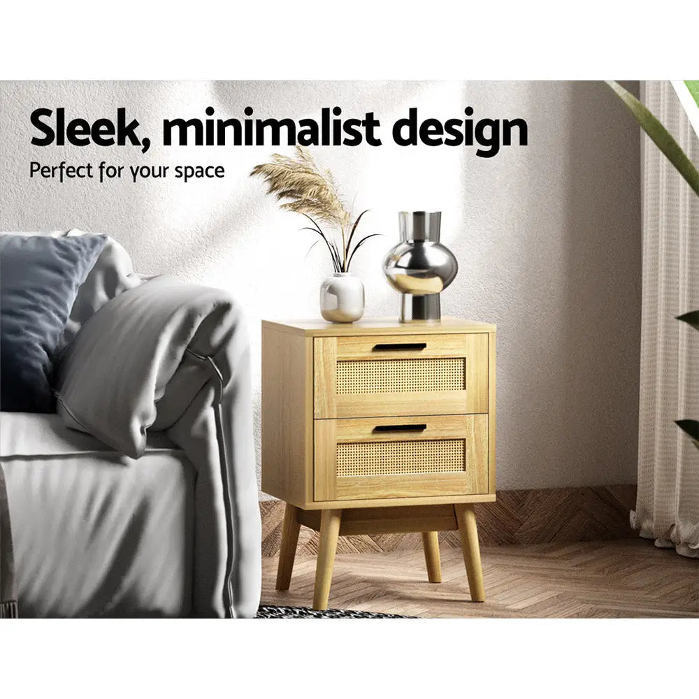 Artiss Rattan Bedside Table 2 Drawers Wood - RIE Oak - Furniture > Bedroom