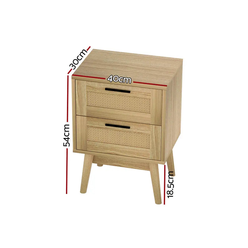 Artiss Rattan Bedside Table 2 Drawers Wood - RIE Oak - Furniture > Bedroom