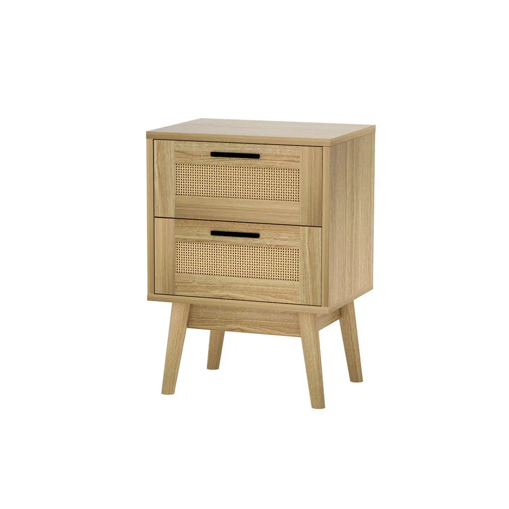 Artiss Rattan Bedside Table 2 Drawers Wood - RIE Oak - Furniture > Bedroom