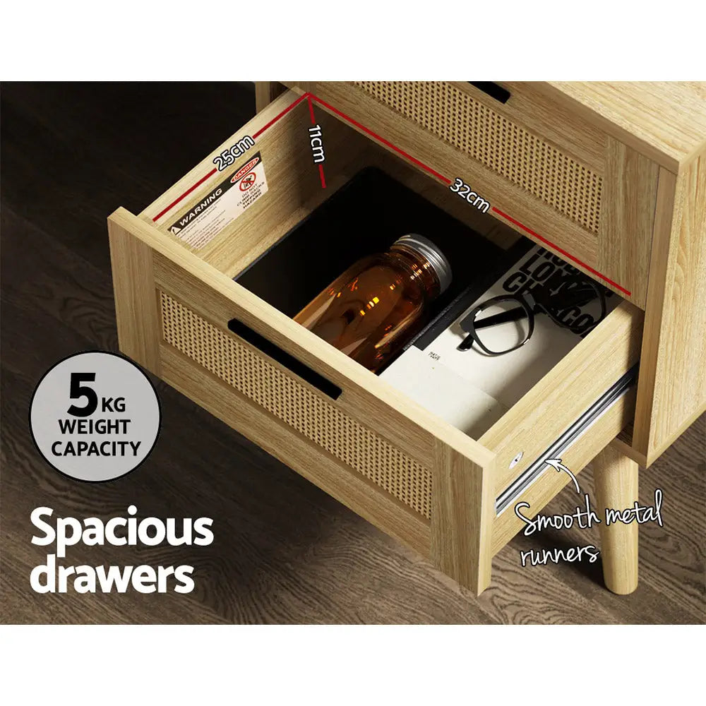 Artiss Rattan Bedside Table 2 Drawers Wood - RIE Oak - Furniture > Bedroom