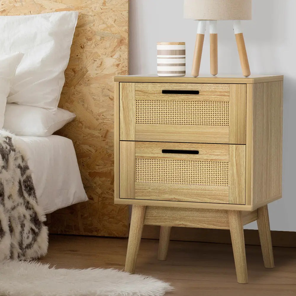Artiss Rattan Bedside Table 2 Drawers Wood - RIE Oak - Furniture > Bedroom