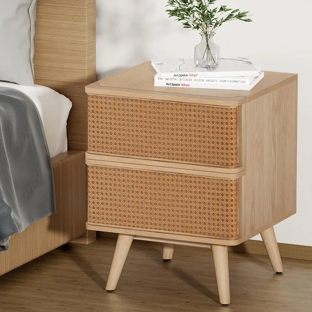 Artiss Rattan Bedside Table Drawers Side End Table Storage Nightstand Oak NORA - Furniture > Bedroom