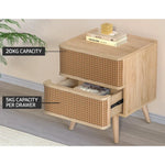 Artiss Rattan Bedside Table Drawers Side End Table Storage Nightstand Oak NORA - Furniture > Bedroom