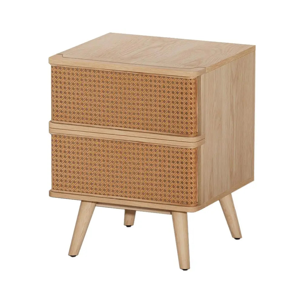 Artiss Rattan Bedside Table Drawers Side End Table Storage Nightstand Oak NORA - Furniture > Bedroom