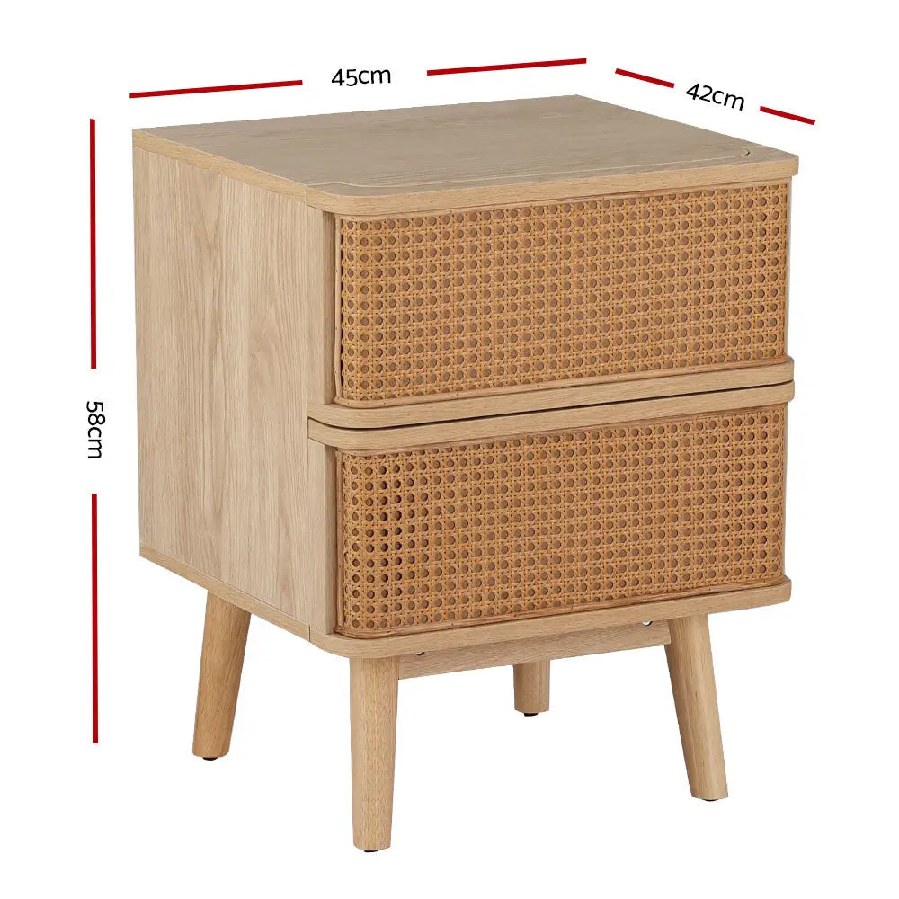 Artiss Rattan Bedside Table Drawers Side End Table Storage Nightstand Oak NORA - Furniture > Bedroom