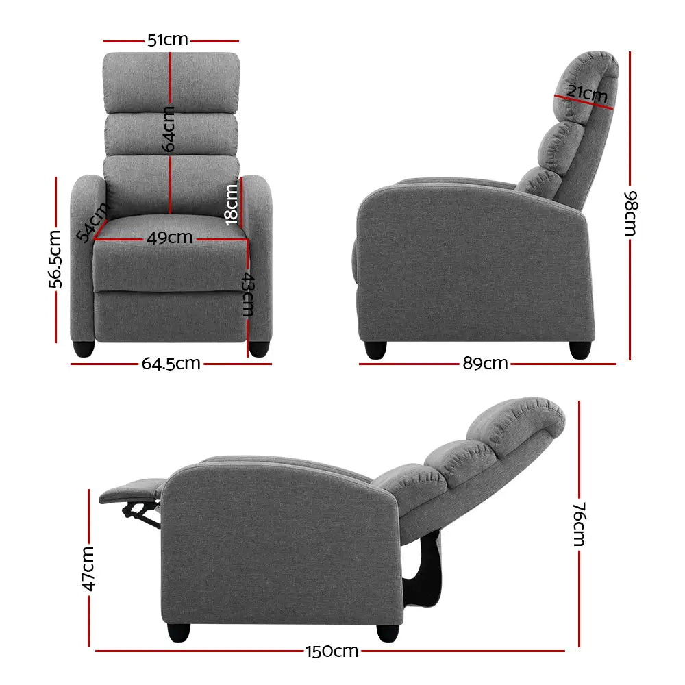 Artiss Recliner Armchair Grey Fabric Bolivia - Furniture > Living Room