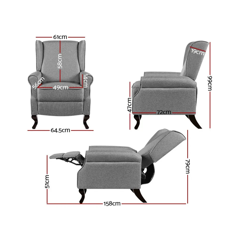 Artiss Recliner Armchair Grey Fabric Domini - Furniture > Living Room