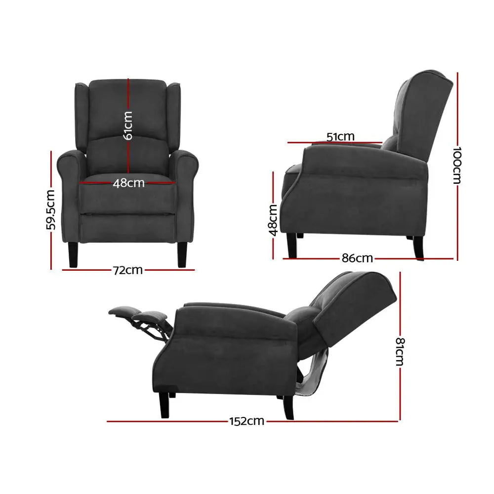 Artiss Recliner Chair Adjustable Sofa Lounge Soft Suede Armchair Couch Charcoal - Furniture > Living Room