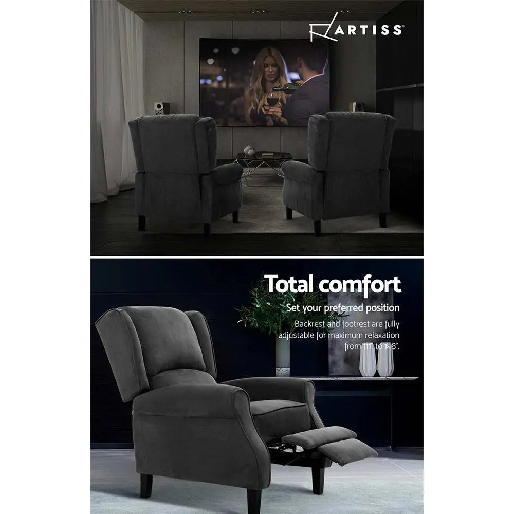 Artiss Recliner Chair Adjustable Sofa Lounge Soft Suede Armchair Couch Charcoal - Furniture > Living Room