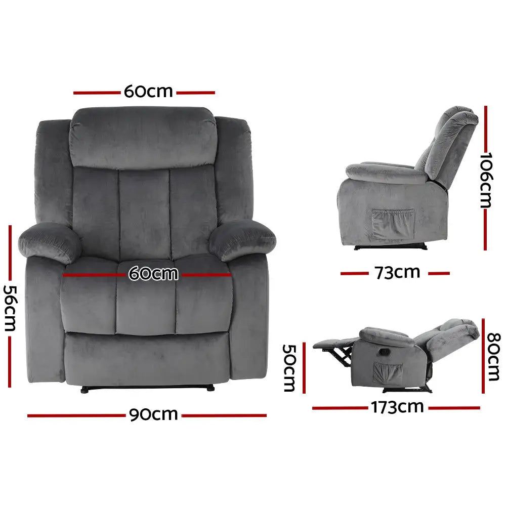 Artiss Recliner Chair Electric Massage Chair Velvet Lounge Sofa Heated Grey - Furniture > Living Room