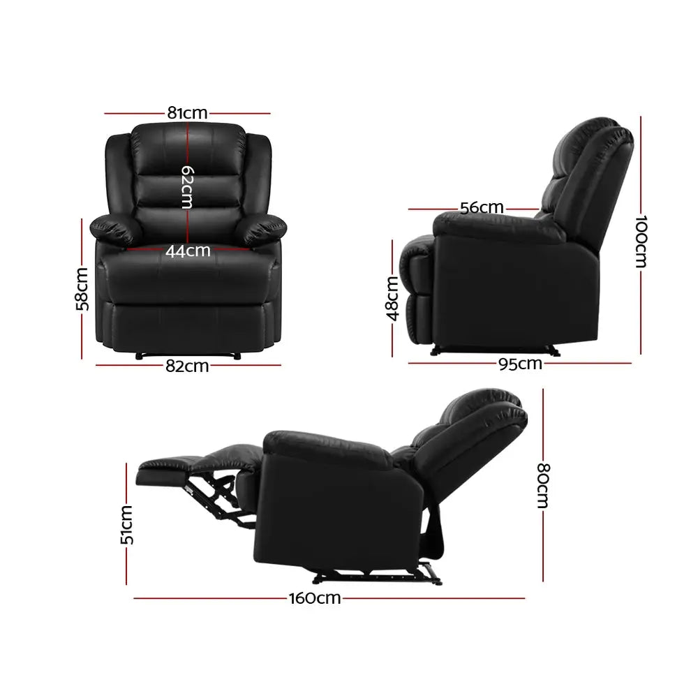 Artiss Recliner Chair Leather Black Cissy - Furniture > Living Room