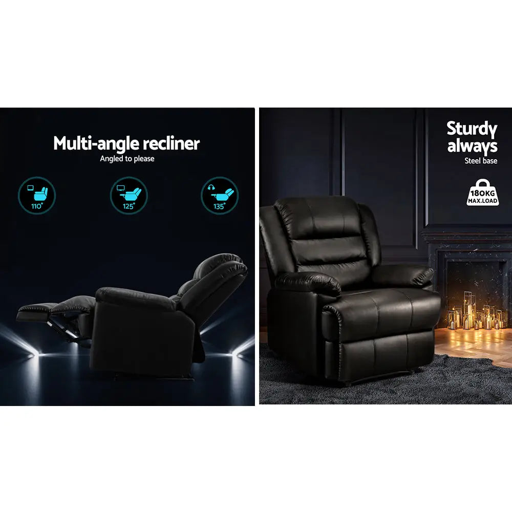 Artiss Recliner Chair Leather Black Cissy - Furniture > Living Room