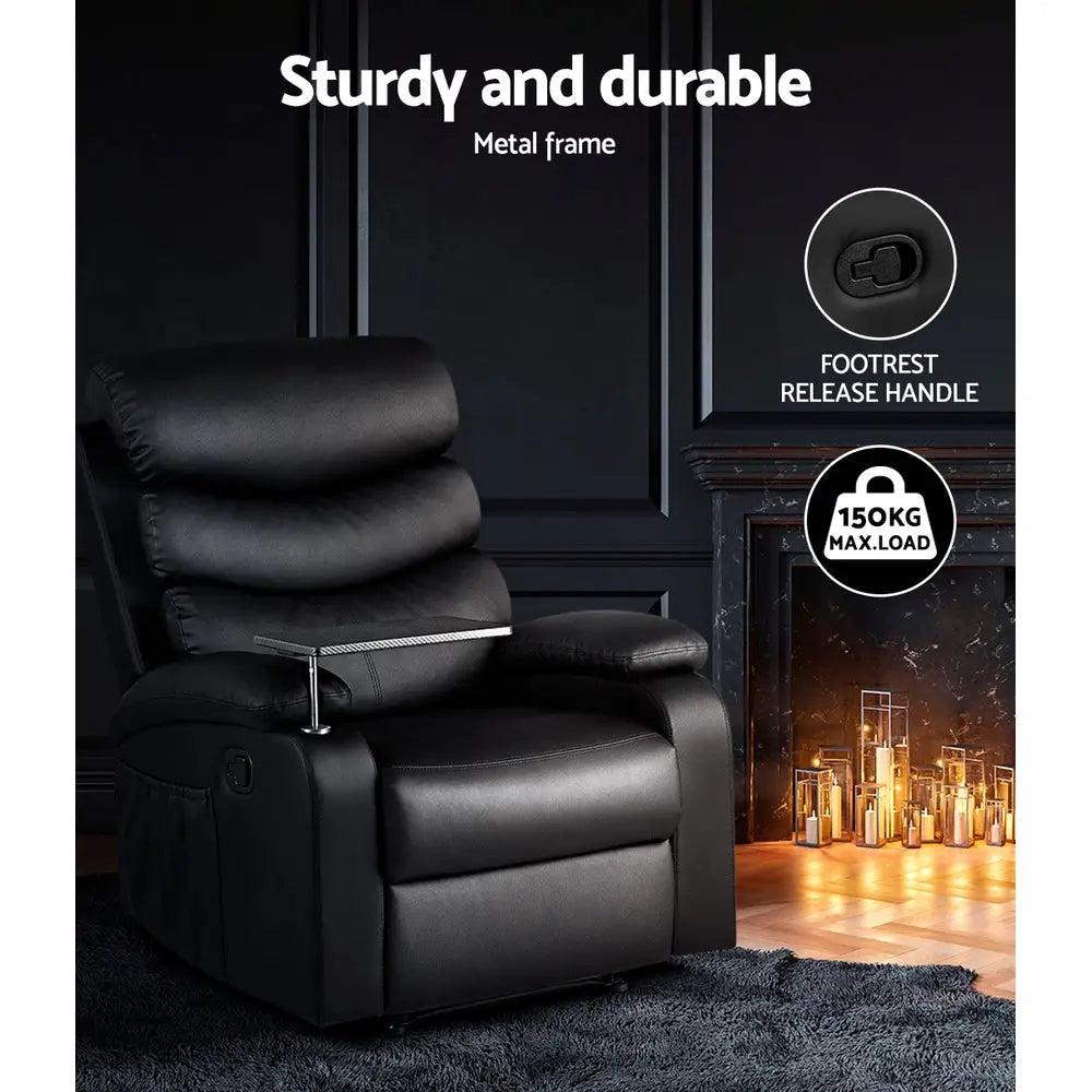 Artiss Recliner Chair Leather Black Tray Table Erika - Furniture > Living Room