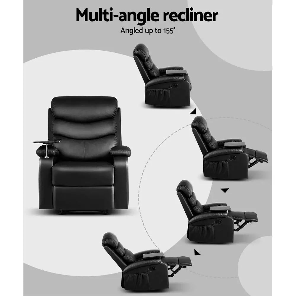 Artiss Recliner Chair Leather Black Tray Table Erika - Furniture > Living Room