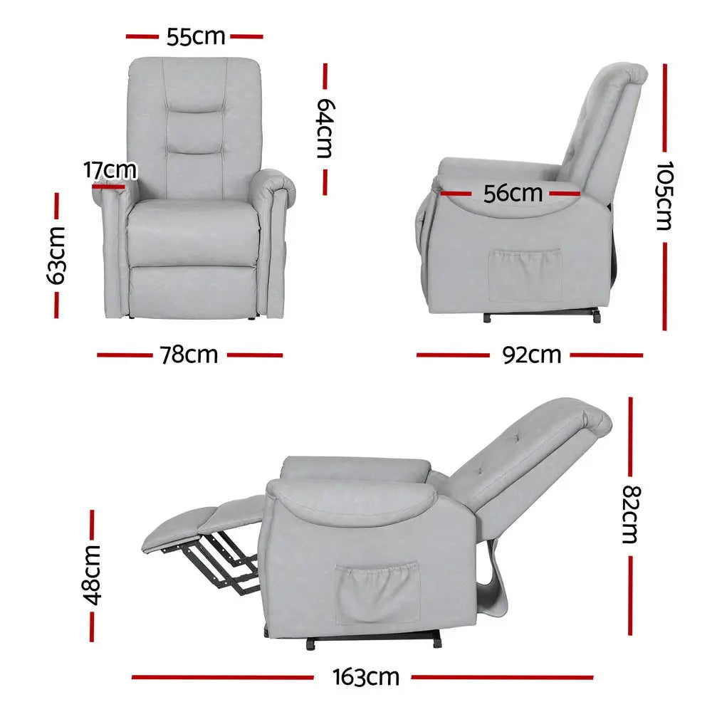 Artiss Recliner Chair Lift Assist Chair Grey Leather - Furniture > Bar Stools & Chairs