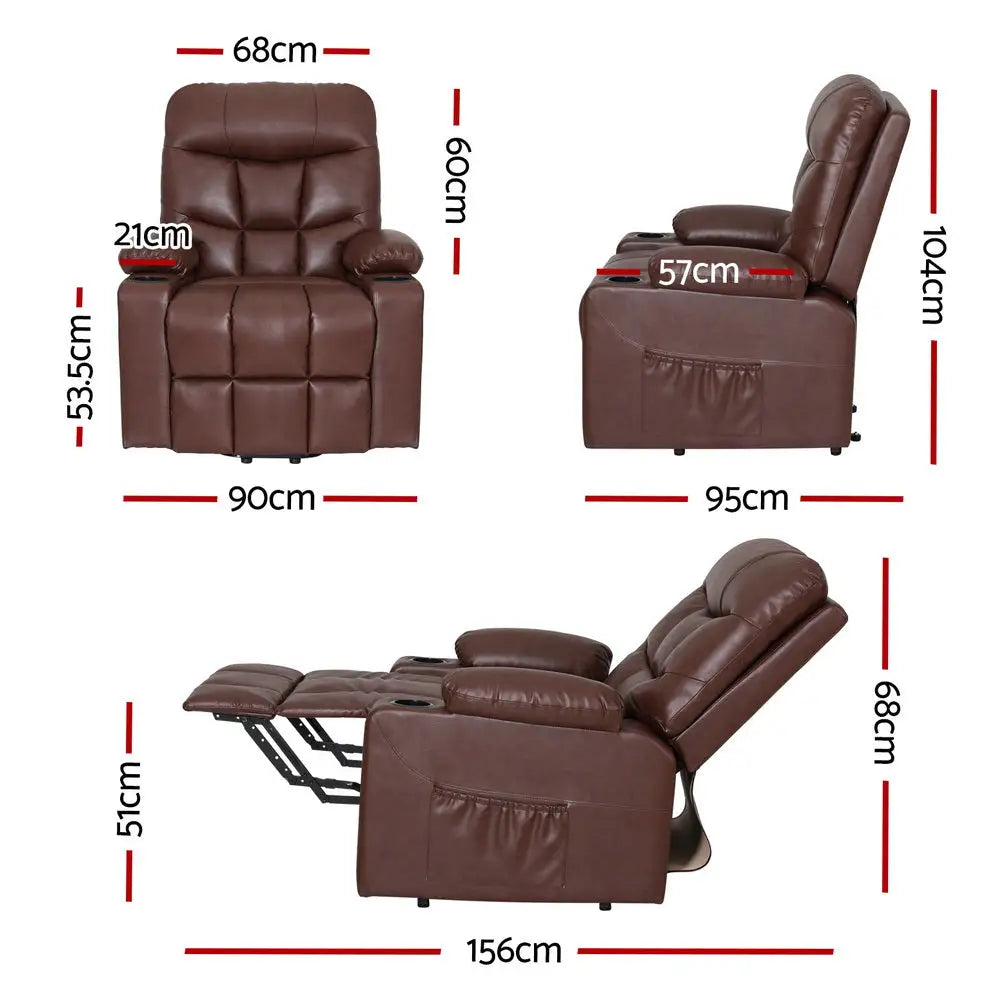 Artiss Recliner Chair Lift Assist Heated Massage Chair Leather Claude - Brown - Furniture > Bar Stools & Chairs >