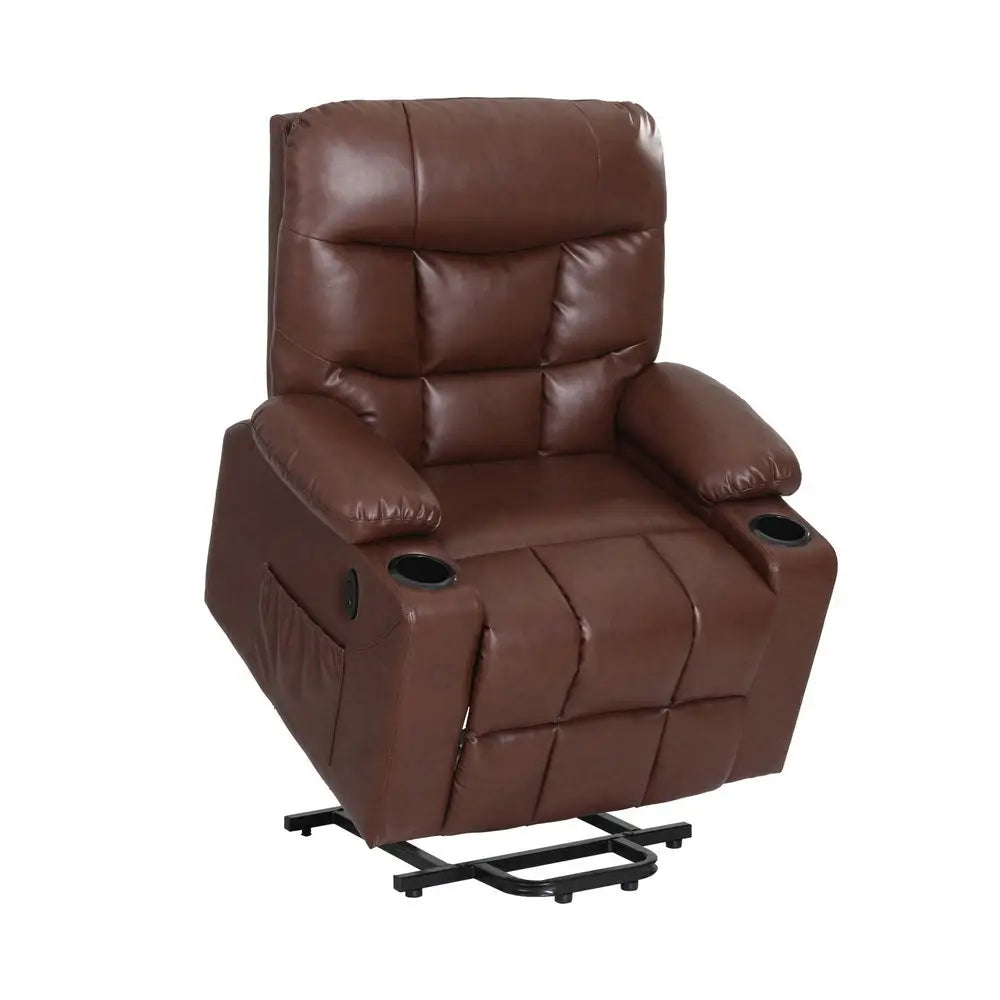 Artiss Recliner Chair Lift Assist Heated Massage Chair Leather Claude - Brown - Furniture > Bar Stools & Chairs >