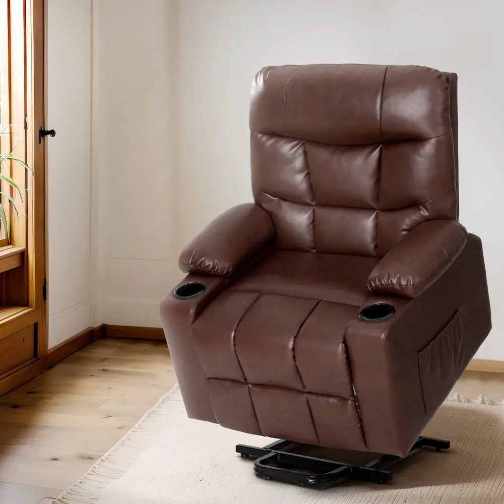Artiss Recliner Chair Lift Assist Heated Massage Chair Leather Claude - Brown - Furniture > Bar Stools & Chairs >