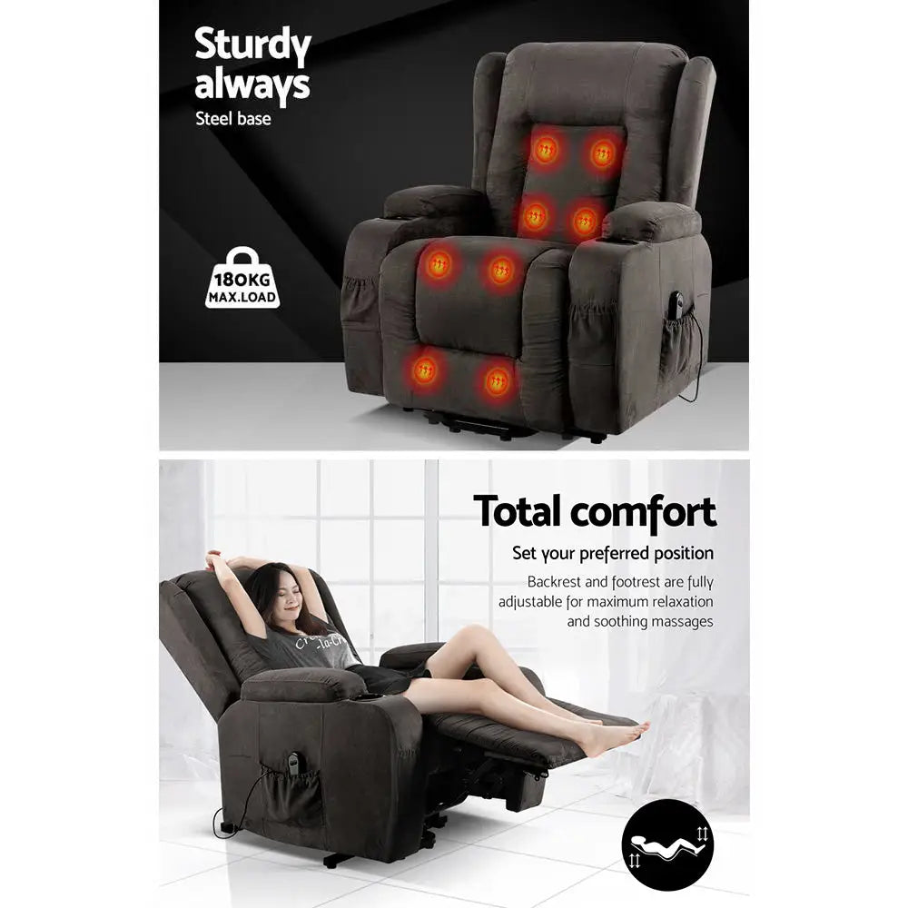 Artiss Recliner Chair Lift Assist Heated Massage Chair Velvet Rukwa - Health & Beauty > Massage