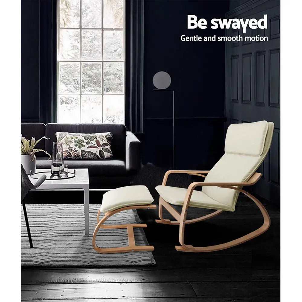 Artiss Rocking Armchair Bentwood Frame With Foot Stool Beige - Furniture > Living Room