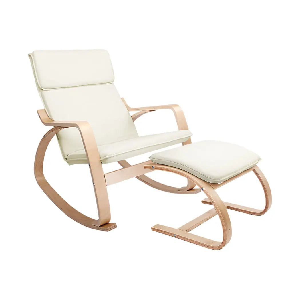 Artiss Rocking Armchair Bentwood Frame With Foot Stool Beige - Furniture > Living Room