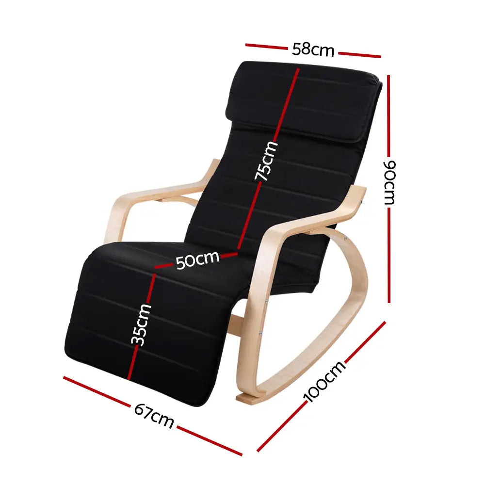 Artiss Rocking Armchair Bentwood Frame With Footrest Black Afton - Furniture > Living Room