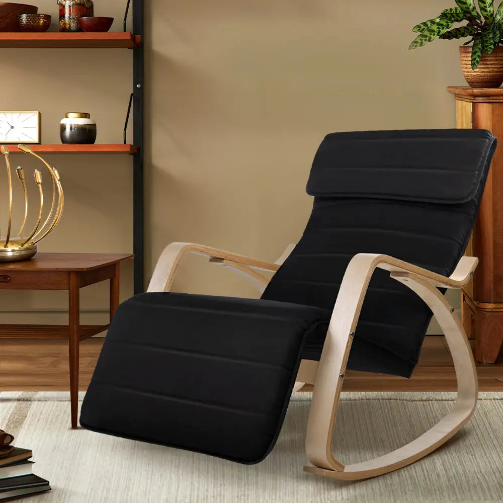Artiss Rocking Armchair Bentwood Frame With Footrest Black Afton - Furniture > Living Room
