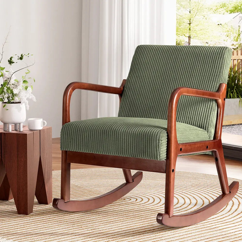 Artiss Rocking Armchair Nursing Chair Corduroy Green - Furniture > Bar Stools & Chairs > Arm Chairs & Recliners