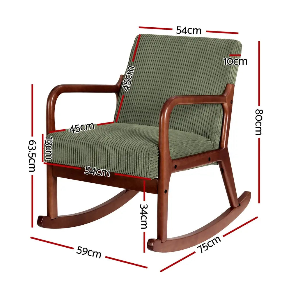 Artiss Rocking Armchair Nursing Chair Corduroy Green - Furniture > Bar Stools & Chairs > Arm Chairs & Recliners