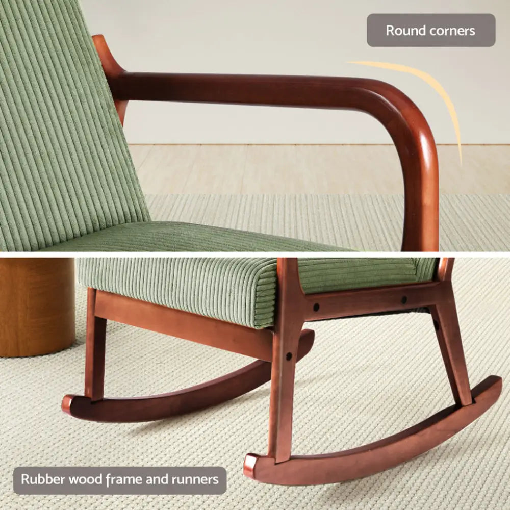 Artiss Rocking Armchair Nursing Chair Corduroy Green - Furniture > Bar Stools & Chairs > Arm Chairs & Recliners