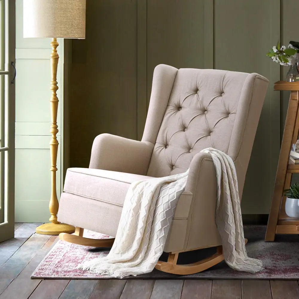 Artiss Rocking Chair Armchair Linen Fabric Beige Gaia - Furniture > Bar Stools & Chairs > Arm Chairs & Recliners